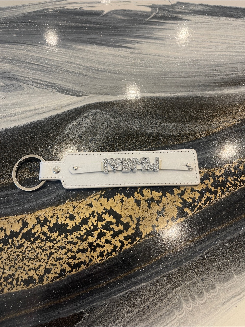 White Crystal-Embellished Keychain Strap - I♥BMW Accent